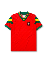 Portugal 1992-94 home jersey, front view, red body with green and yellow sleeve stripes, green V-neck collar with gold script trim, adidas trefoil logo, Portuguese Football Federation crest
