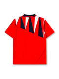 England 1992 away jersey, front view, red body with navy and white jagged triangle pattern, navy polo-style collar with red and white stripe trim, Three Lions crest with roses, small navy logo mark near right shoulder