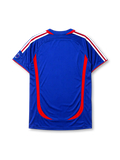 France 2006 home jersey, front view, royal blue body with red crew-neck collar and piping, curved red side panels, white adidas logo and stripes, gold F.F.F. rooster crest with star, small 2006 World Cup emblem near hem, ClimaCool tag