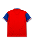 Bayern Munich 1993-95 home jersey, front view, red body with diagonal blue and white stripe panels, blue V-neck collar with white piping, white adidas Equipment logo, FC Bayern Munchen crest, white Opel sponsor logo, striped cuffs