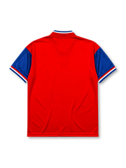 Bayern Munich 1993-95 home jersey, front view, red body with diagonal blue and white stripe panels, blue V-neck collar with white piping, white adidas Equipment logo, FC Bayern Munchen crest, white Opel sponsor logo, striped cuffs