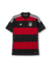 Germany 2014 away jersey, front view, black and red horizontal hoops, black crew-neck collar with white piping, white adidas logo and stripes, DFB eagle crest with four stars, climacool wordmark near hem
