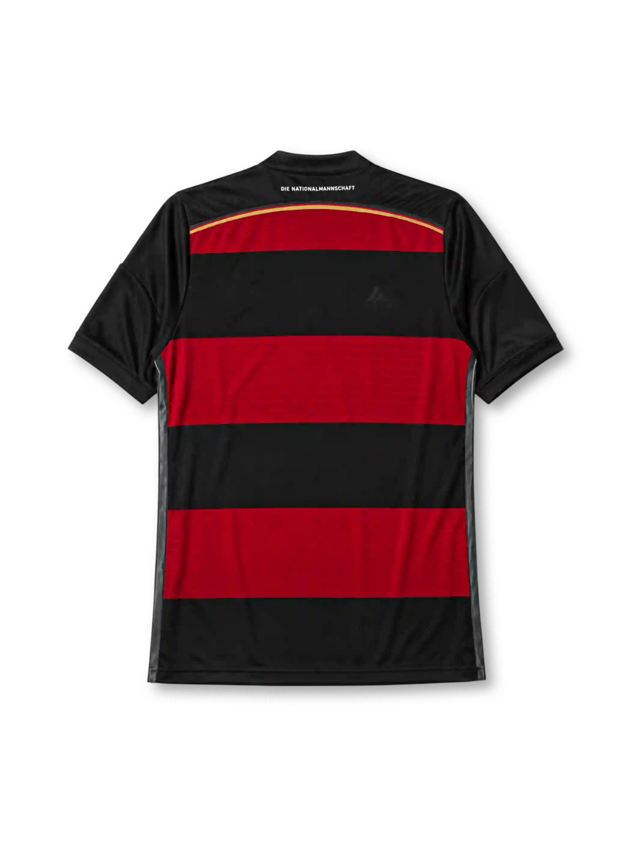 Germany 2014 away jersey, front view, black and red horizontal hoops, black crew-neck collar with white piping, white adidas logo and stripes, DFB eagle crest with four stars, climacool wordmark near hem