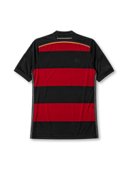 Germany 2014 away jersey, front view, black and red horizontal hoops, black crew-neck collar with white piping, white adidas logo and stripes, DFB eagle crest with four stars, climacool wordmark near hem