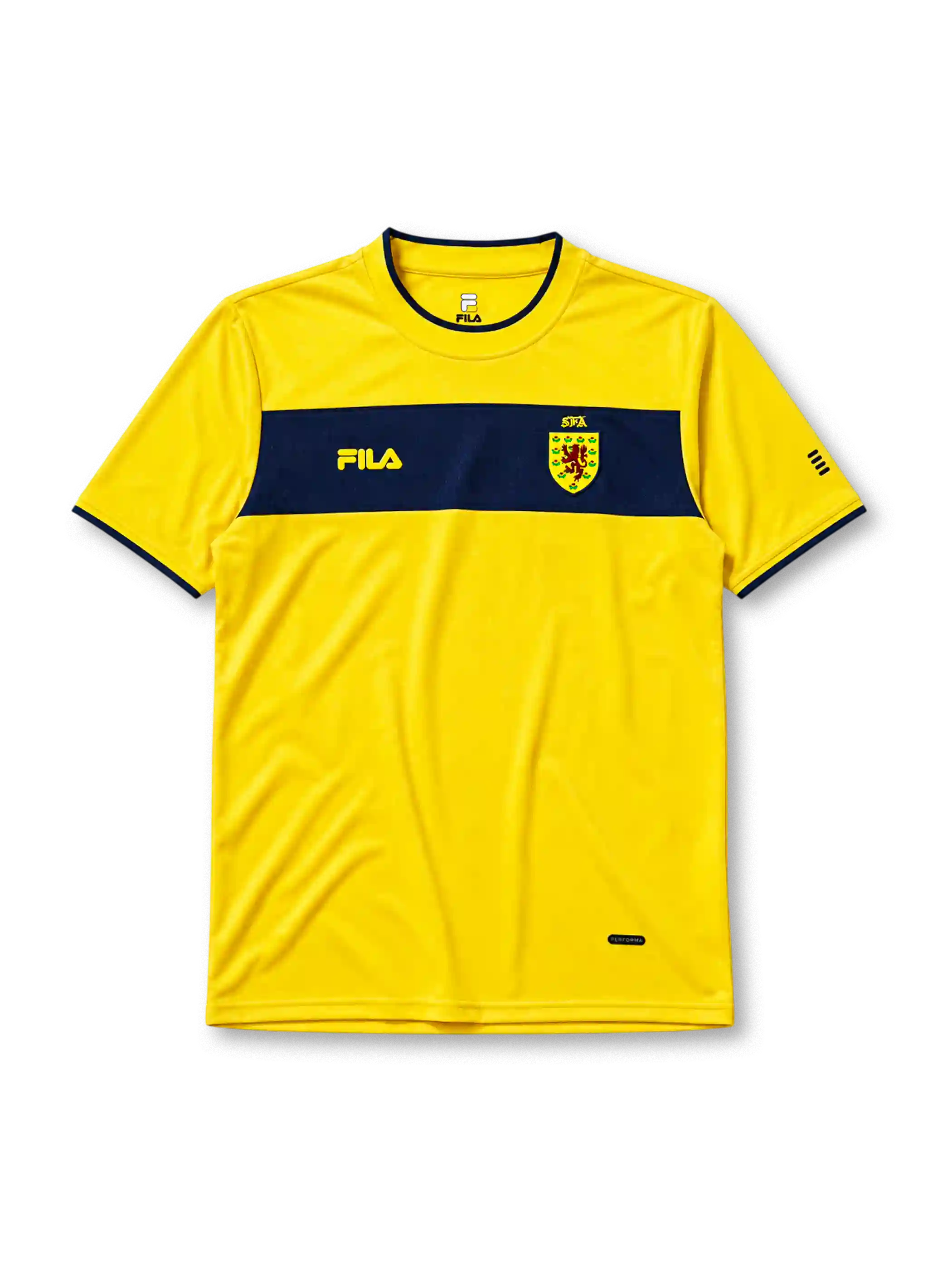 Scotland 2002 away jersey, front view, golden yellow body with navy horizontal chest band, navy crew-neck collar trim, navy FILA logo, Scottish Football Association shield crest with red lion, small navy stripe logo on sleeve, PERFORMA fabric tag near hem
