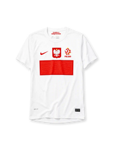 Poland 2012 home jersey, front view, white body with red Nike swoosh, Polish eagle crest, PZPN crest with Polska text, bold red rectangular flag-block design, Dri-FIT and Authentic tags near hem