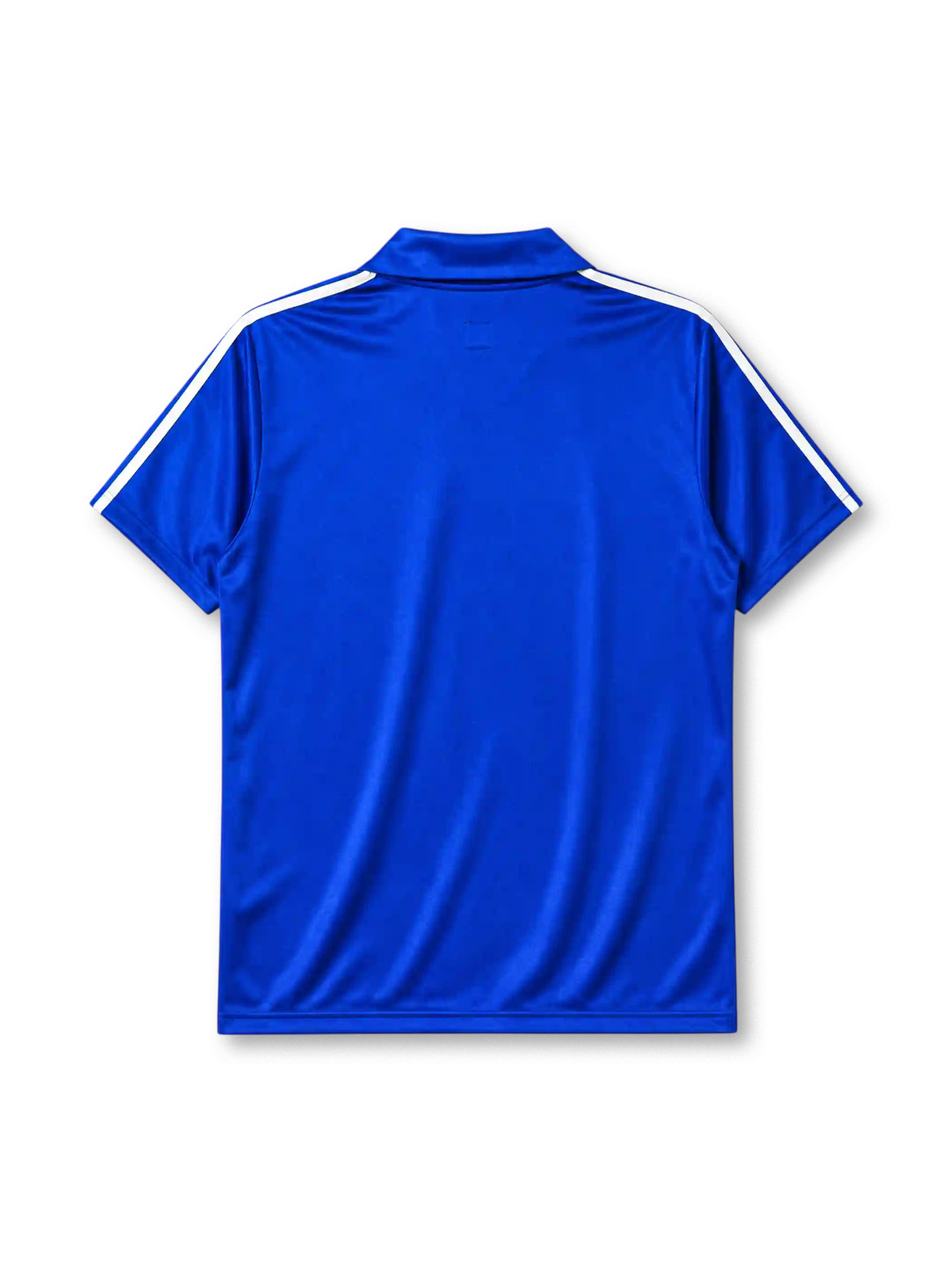 France 1984 home jersey, front view, royal blue body with tricolor striped shoulders, red horizontal chest band with white adidas trefoil logo, gold F.F.F. rooster crest with European Champions 1984 text, double white stripes, commemorative patch near hem