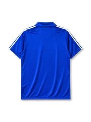 France 1984 home jersey, front view, royal blue body with tricolor striped shoulders, red horizontal chest band with white adidas trefoil logo, gold F.F.F. rooster crest with European Champions 1984 text, double white stripes, commemorative patch near hem