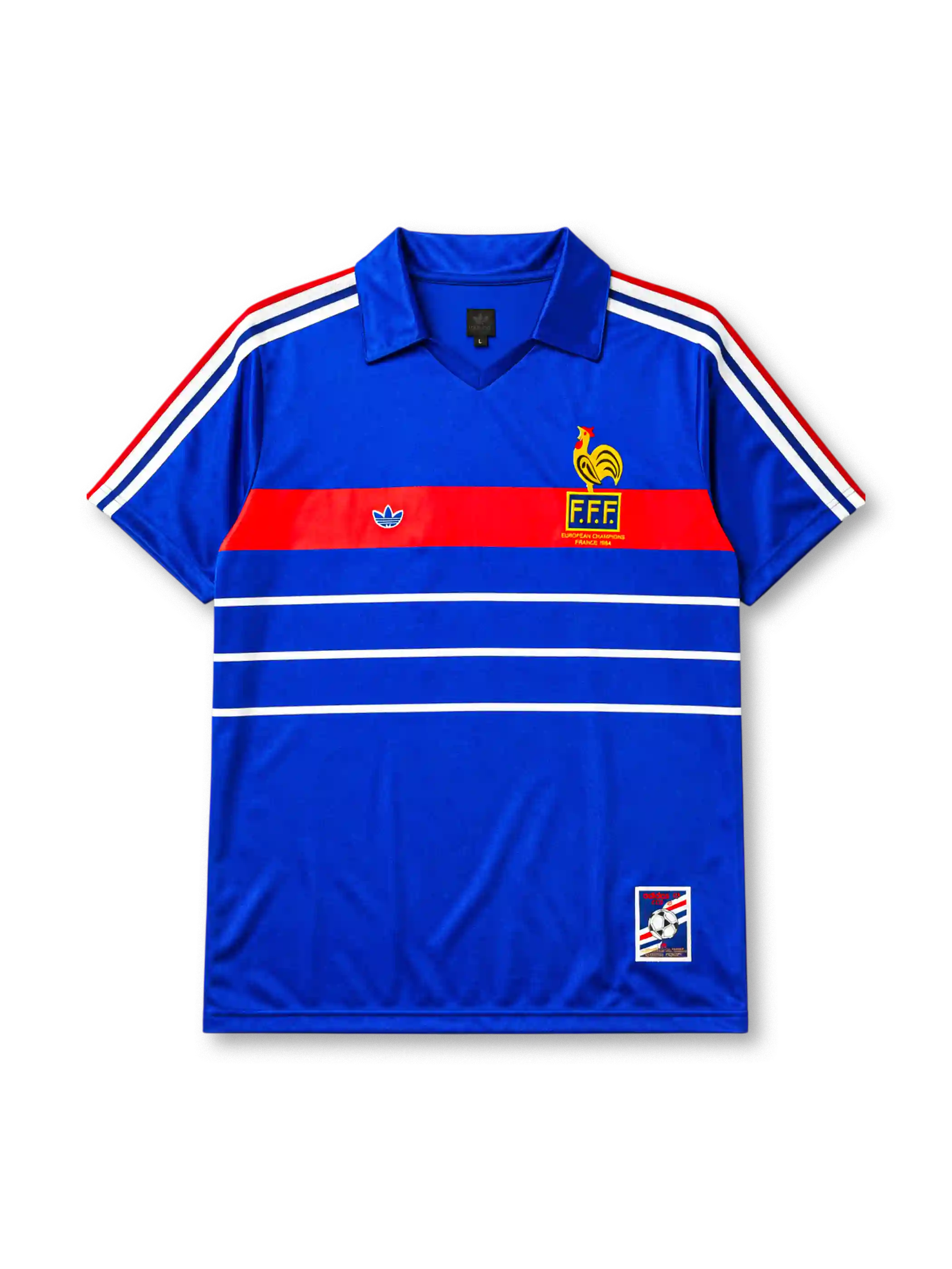 France 1984 home jersey, front view, royal blue body with tricolor striped shoulders, red horizontal chest band with white adidas trefoil logo, gold F.F.F. rooster crest with European Champions 1984 text, double white stripes, commemorative patch near hem