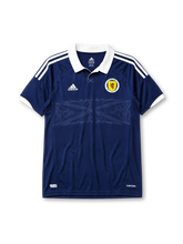 Scotland 2012-14 home jersey, front view, navy body with subtle tonal Saltire cross pattern, white polo-style collar, white adidas logo and stripes, circular Scotland crest with red lion, climacool wordmark near hem