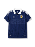 Scotland 2012-14 home jersey, front view, navy body with subtle tonal Saltire cross pattern, white polo-style collar, white adidas logo and stripes, circular Scotland crest with red lion, climacool wordmark near hem