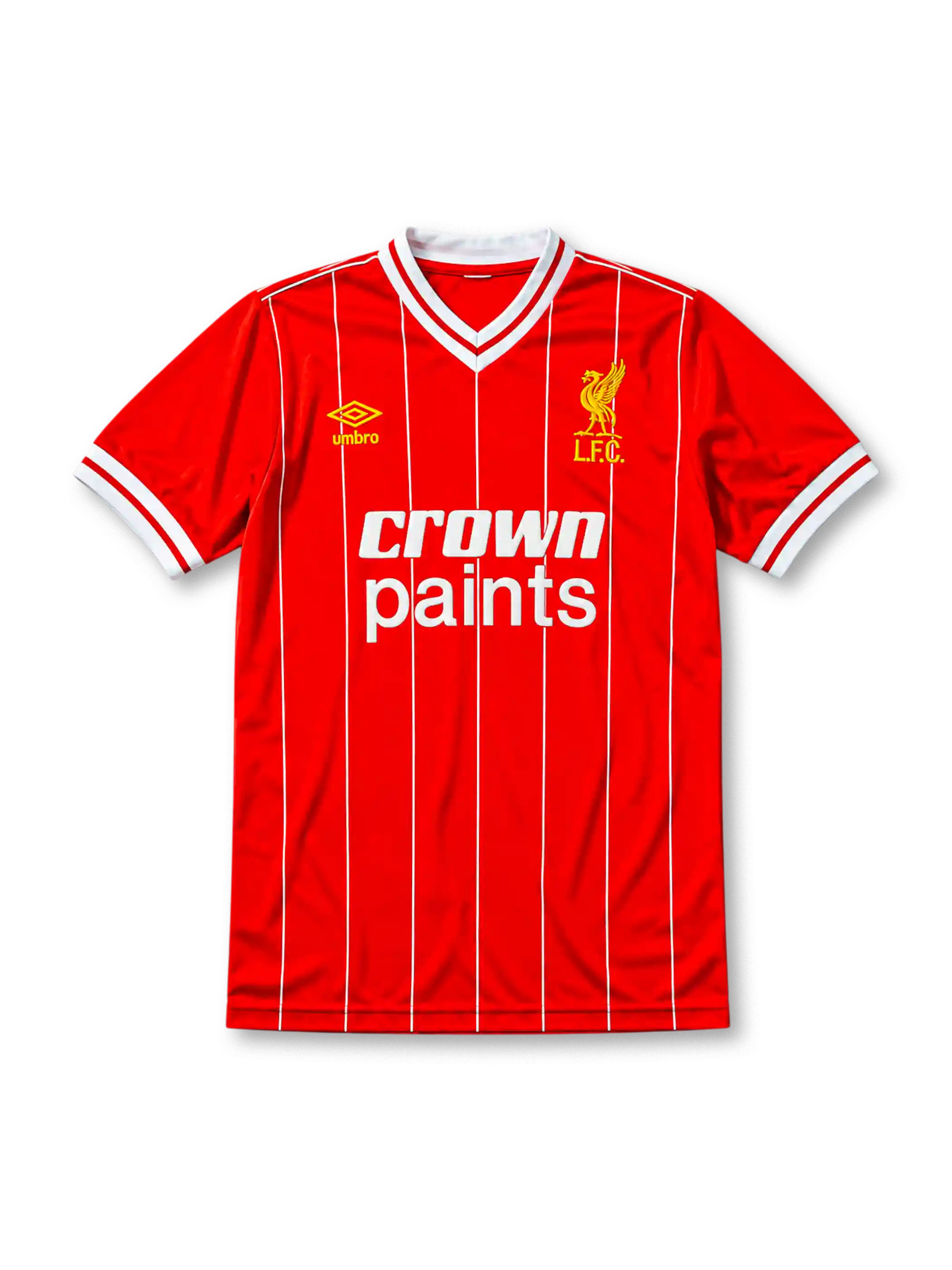 Liverpool 1981-84 home jersey, front view, red body with fine white vertical pinstripes, white V-neck collar with red piping, white cuffs, yellow Umbro logo, gold L.F.C. liver bird crest, white Crown Paints sponsor logo