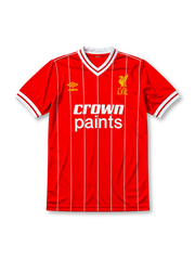 Liverpool 1981-84 home jersey, front view, red body with fine white vertical pinstripes, white V-neck collar with red piping, white cuffs, yellow Umbro logo, gold L.F.C. liver bird crest, white Crown Paints sponsor logo