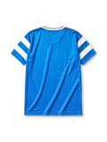 Marseille 1990 away jersey, front view, sky blue body with tonal pinstripe pattern, white V-neck collar with red and blue piping, white adidas trefoil logo, circular Olympique de Marseille crest, navy Panasonic sponsor logo