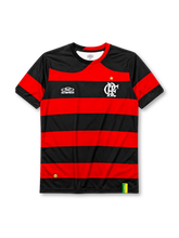 Flamengo 2009-10 home jersey, front view, red and black horizontal hoops, black crew-neck collar with red trim, white Olympikus logo, Flamengo CRF crest with gold star, small Brazilian flag tabs near hem