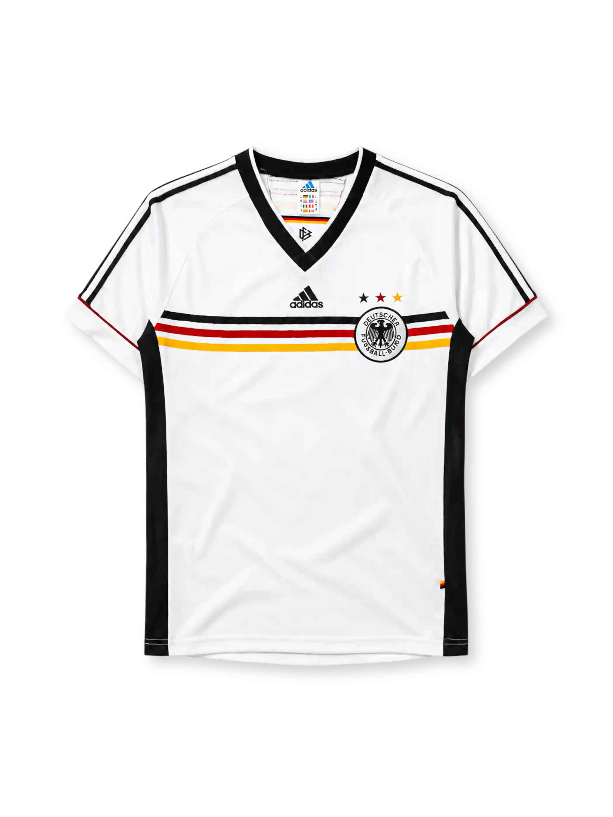 Germany 1998 home jersey, front view, white body with black red and gold horizontal chest band, black V-neck collar, black adidas logo, three tricolor stars, DFB eagle crest, black side panel stripes