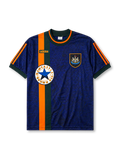 Newcastle United 1997-98 away jersey, front view, mottled navy body with orange and green vertical center stripe, dark green crew-neck collar with orange trim, green adidas logo, Newcastle United shield crest, circular Newcastle Brown Ale star sponsor badge