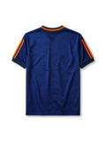 Newcastle United 1997-98 away jersey, front view, mottled navy body with orange and green vertical center stripe, dark green crew-neck collar with orange trim, green adidas logo, Newcastle United shield crest, circular Newcastle Brown Ale star sponsor badge