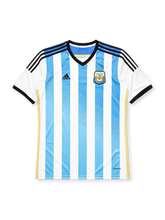 Argentina 2014 home jersey, front view, sky blue and white vertical stripes, black V-neck collar with blue inset, black adidas logo and stripes, AFA crest with two gold stars, gold side piping, climacool wordmark near hem