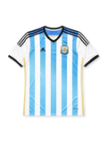 Argentina 2014 home jersey, front view, sky blue and white vertical stripes, black V-neck collar with blue inset, black adidas logo and stripes, AFA crest with two gold stars, gold side piping, climacool wordmark near hem