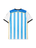 Argentina 2014 home jersey, front view, sky blue and white vertical stripes, black V-neck collar with blue inset, black adidas logo and stripes, AFA crest with two gold stars, gold side piping, climacool wordmark near hem