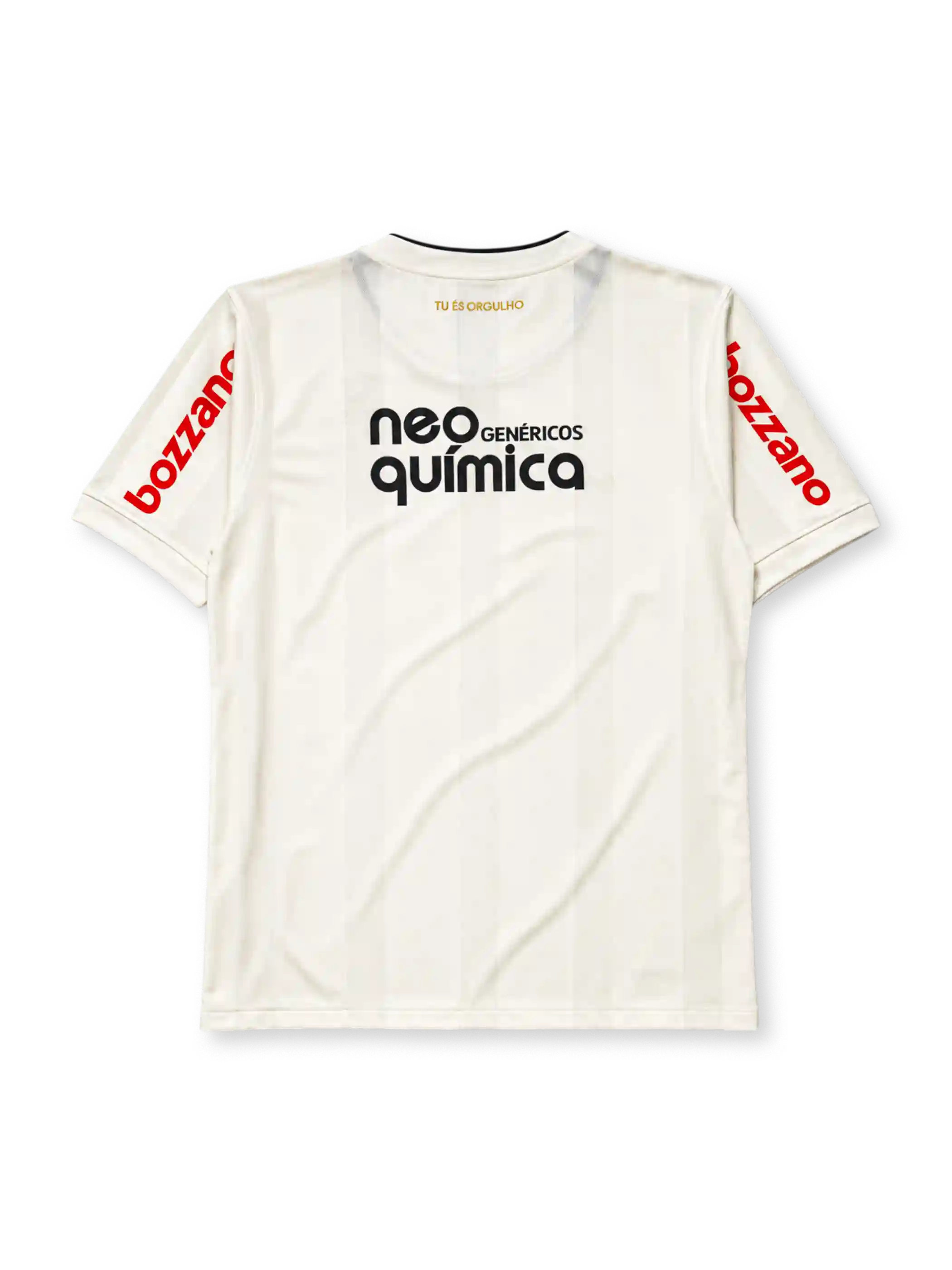 Corinthians 2011 home jersey, front view, cream body with tonal vertical stripes, black crew-neck collar, gold Nike swoosh, centenary crest with four gold stars and 1910-2010 text, black Neo Quimica sponsor logo, red Bozzano sponsor text on sleeves