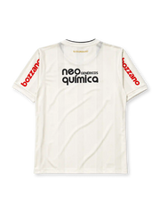 Corinthians 2011 home jersey, front view, cream body with tonal vertical stripes, black crew-neck collar, gold Nike swoosh, centenary crest with four gold stars and 1910-2010 text, black Neo Quimica sponsor logo, red Bozzano sponsor text on sleeves