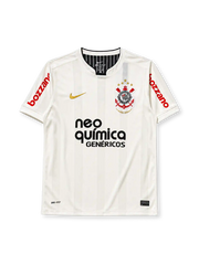 Corinthians 2011 home jersey, front view, cream body with tonal vertical stripes, black crew-neck collar, gold Nike swoosh, centenary crest with four gold stars and 1910-2010 text, black Neo Quimica sponsor logo, red Bozzano sponsor text on sleeves