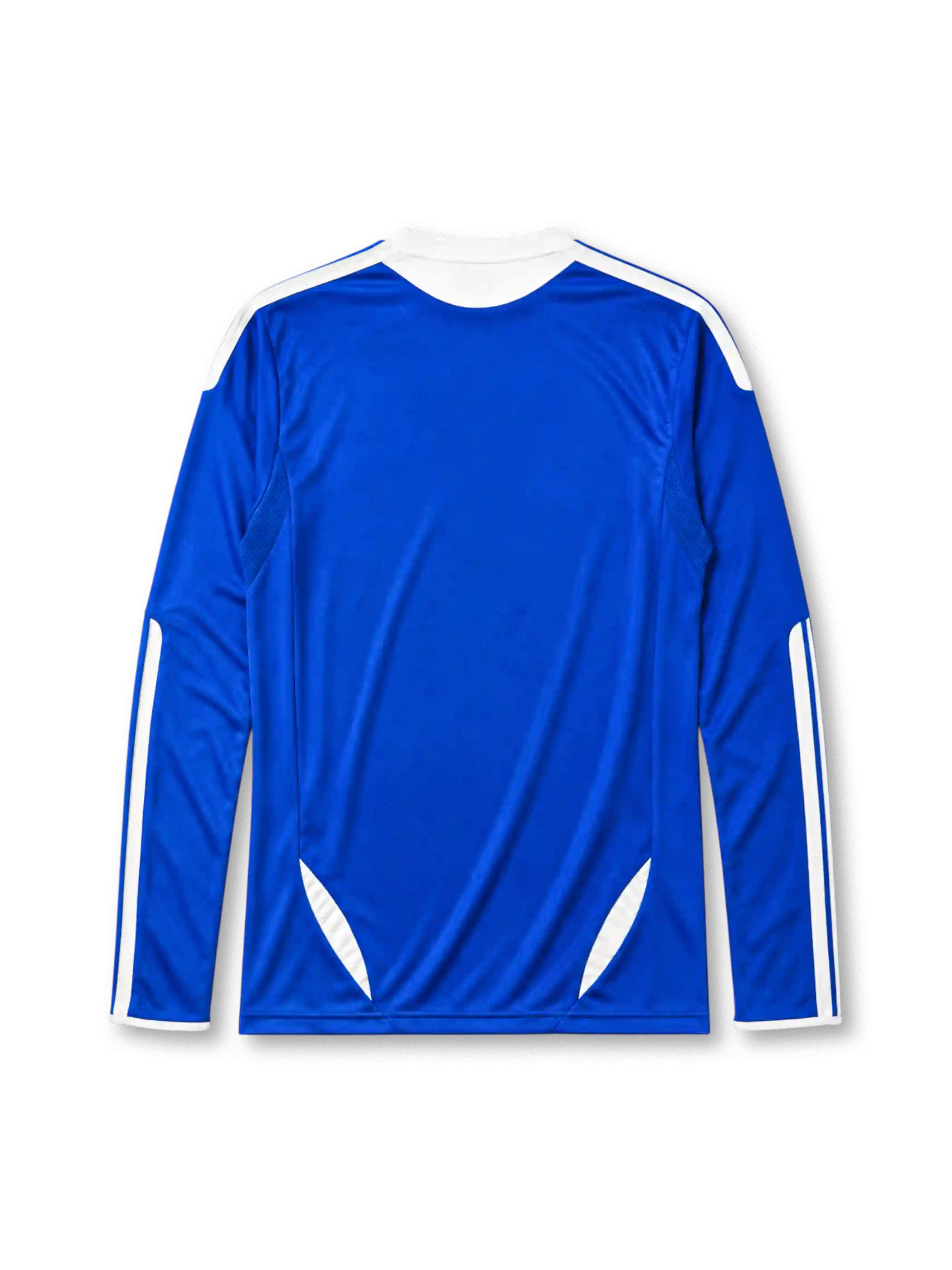 Chelsea 2011-12 home long-sleeve jersey, front view, blue body with tonal hoop pattern, white raglan sleeves with adidas stripes, white adidas logo, Chelsea crest, Final Munich 2012 commemorative text, white Samsung sponsor logo