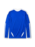 Chelsea 2011-12 home long-sleeve jersey, front view, blue body with tonal hoop pattern, white raglan sleeves with adidas stripes, white adidas logo, Chelsea crest, Final Munich 2012 commemorative text, white Samsung sponsor logo