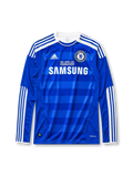 Chelsea 2011-12 home long-sleeve jersey, front view, blue body with tonal hoop pattern, white raglan sleeves with adidas stripes, white adidas logo, Chelsea crest, Final Munich 2012 commemorative text, white Samsung sponsor logo
