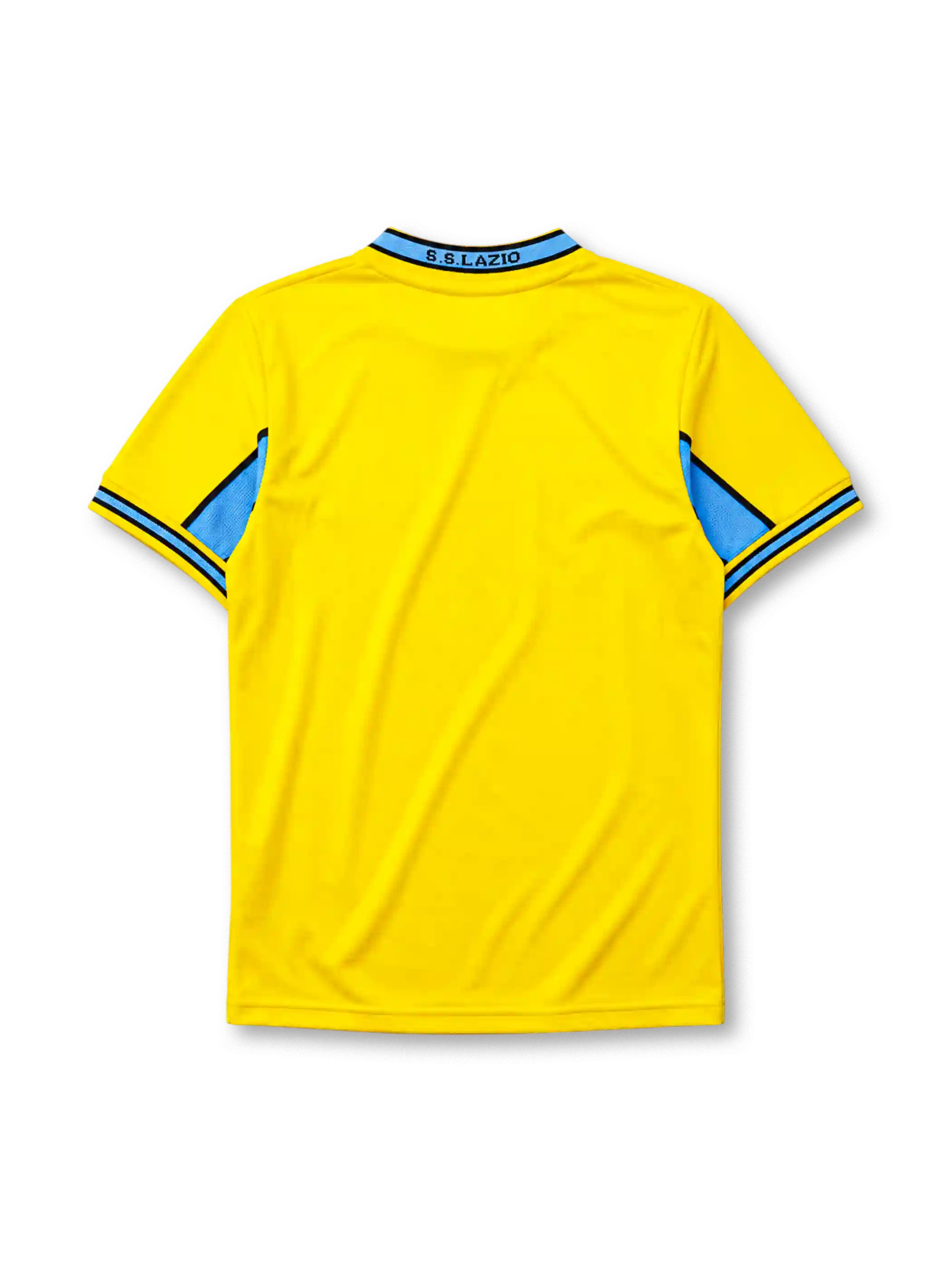 Lazio 1998-99 away jersey, front view, bright yellow body with sky blue chest band, yellow polo-style collar with black and blue trim, black Puma logo, S.S. Lazio eagle crest, Cirio sponsor logo and badge, sky blue cuffs