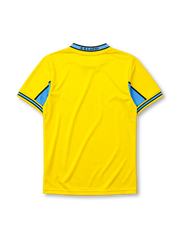 Lazio 1998-99 away jersey, front view, bright yellow body with sky blue chest band, yellow polo-style collar with black and blue trim, black Puma logo, S.S. Lazio eagle crest, Cirio sponsor logo and badge, sky blue cuffs