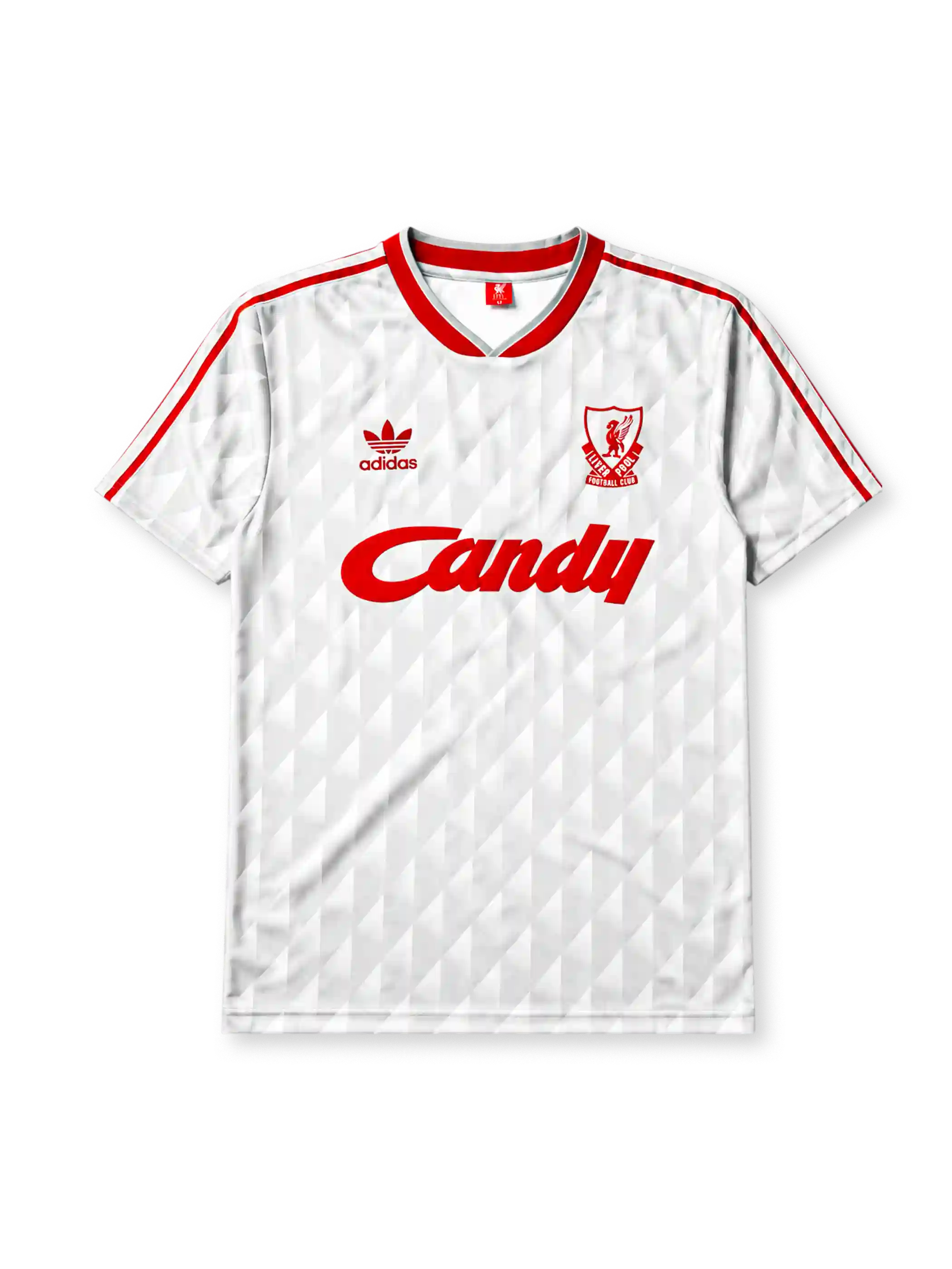 Liverpool 1989-91 away jersey, front view, white body with grey geometric diamond pattern, red V-neck collar, red adidas trefoil logo and stripes, Liverpool shield crest with liver bird, red Candy script sponsor logo