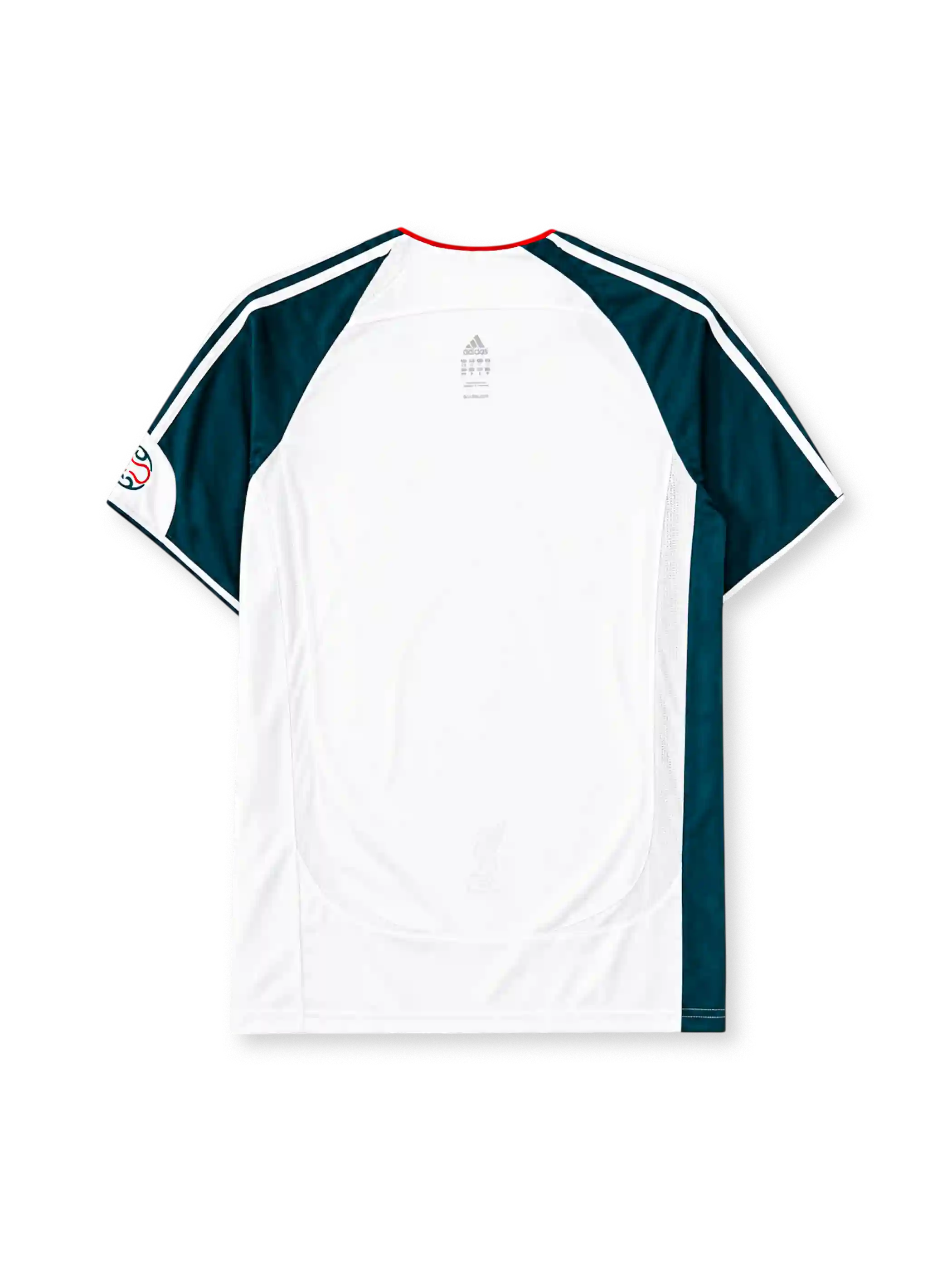Liverpool 2006-08 away jersey, front view, white body with dark teal raglan sleeve and side panels, red piped collar, white adidas logo and stripes, Liverpool shield crest, black Carlsberg script sponsor logo, small tournament emblem on sleeve