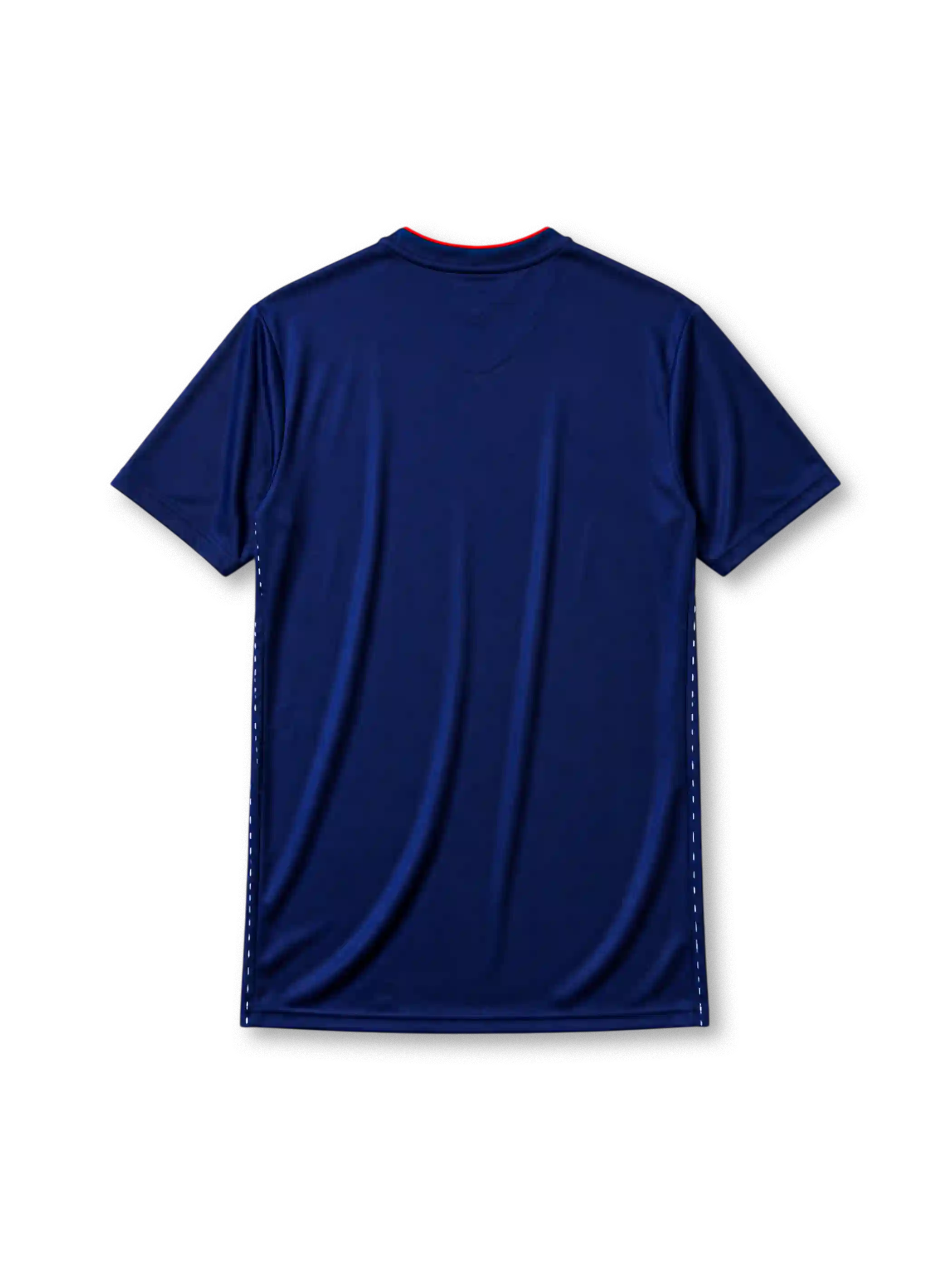 Japan 2018 home jersey, front view, navy body with white sashiko stitch pattern, white adidas three-stripe shoulder detailing, V-neck collar, adidas logo, JFA crest with eagle, Japan flag patch