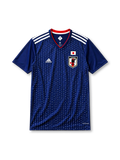 Japan 2018 home jersey, front view, navy body with white sashiko stitch pattern, white adidas three-stripe shoulder detailing, V-neck collar, adidas logo, JFA crest with eagle, Japan flag patch