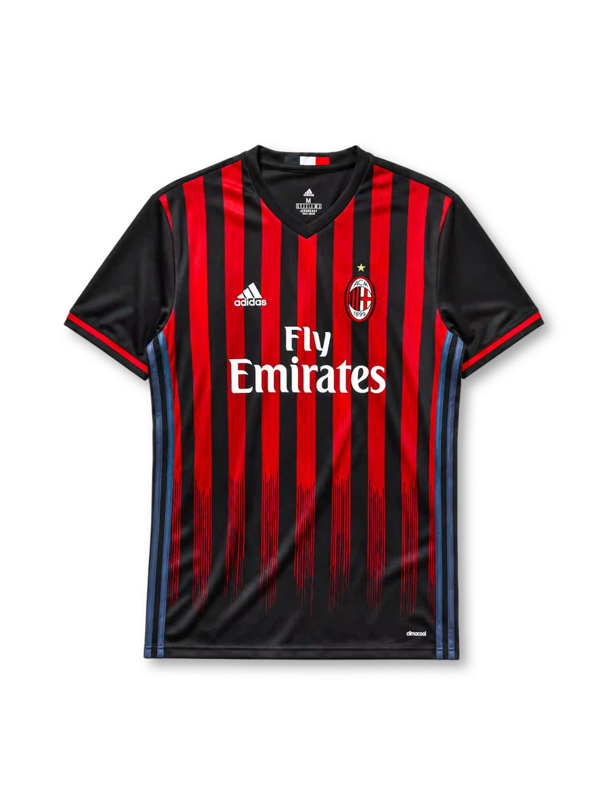 AC Milan 2016-17 home jersey, front view, red and black vertical stripes with fading drip effect, black V-neck collar with Italian flag tab, adidas wordmark, club crest, Fly Emirates sponsor logo