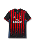 AC Milan 2016-17 home jersey, front view, red and black vertical stripes with fading drip effect, black V-neck collar with Italian flag tab, adidas wordmark, club crest, Fly Emirates sponsor logo