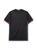 AC Milan 2016-17 home jersey, front view, red and black vertical stripes with fading drip effect, black V-neck collar with Italian flag tab, adidas wordmark, club crest, Fly Emirates sponsor logo