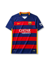 Barcelona 2015-16 home jersey, front view, navy and red horizontal hoops, V-neck collar, Nike swoosh logo, club crest, Qatar Airways sponsor logo, beIN sleeve sponsor