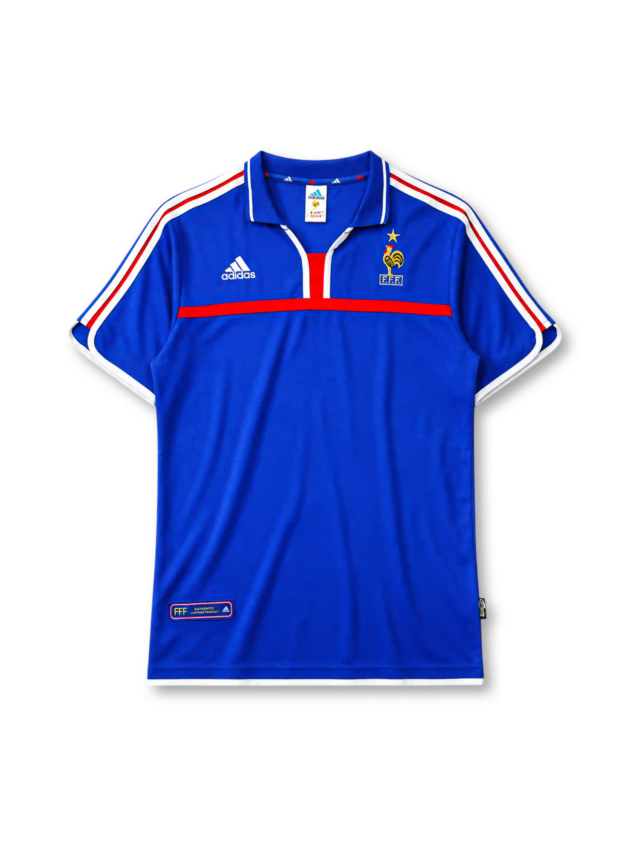 France 2000 home jersey, front view, royal blue body with white and red tricolor adidas stripes, blue polo-style collar with red placket accent, gold F.F.F. rooster crest with star, red chest band, FFF authentic product tag near hem