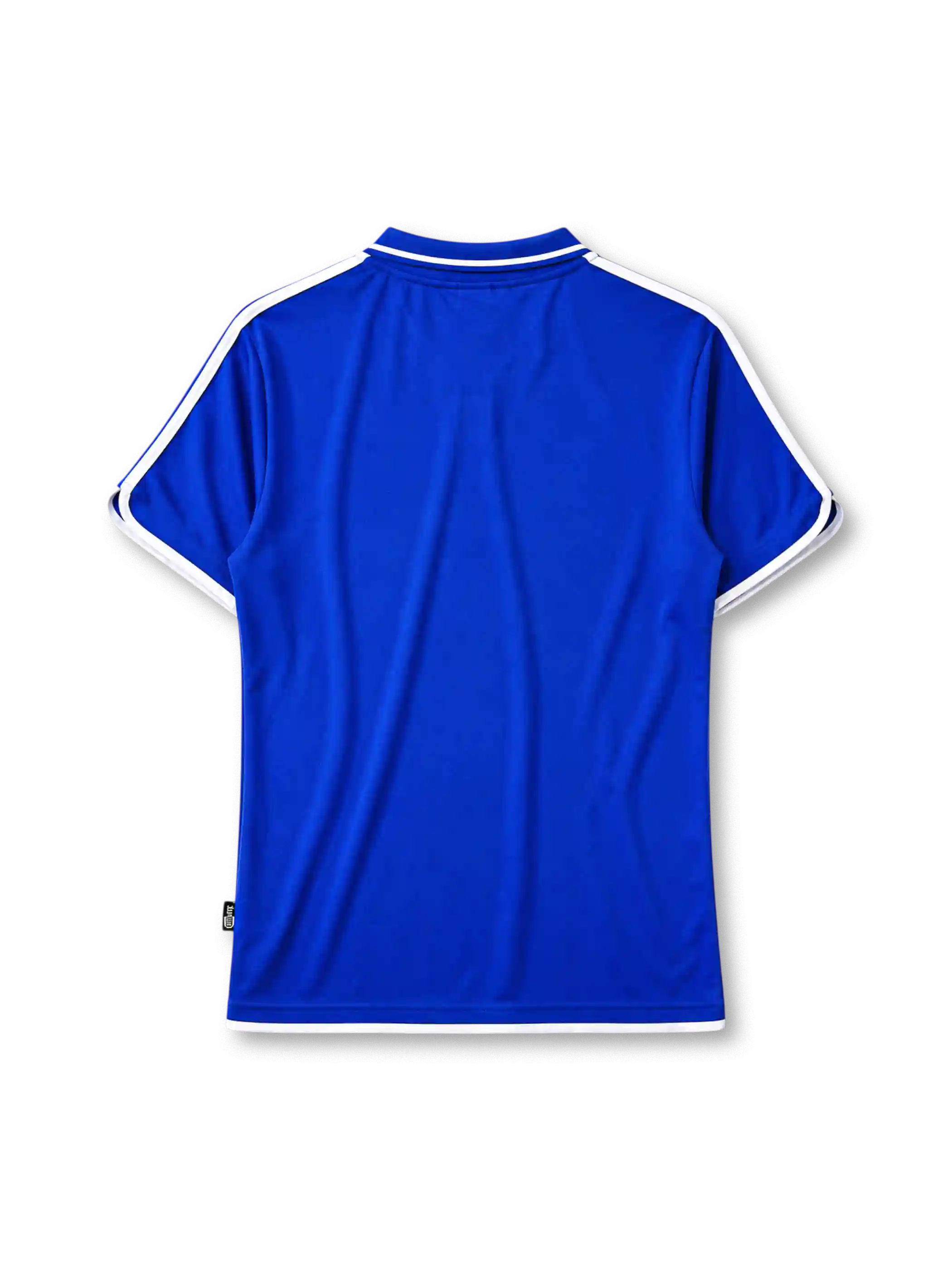 France 2000 home jersey, front view, royal blue body with white and red tricolor adidas stripes, blue polo-style collar with red placket accent, gold F.F.F. rooster crest with star, red chest band, FFF authentic product tag near hem