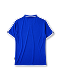 France 2000 home jersey, front view, royal blue body with white and red tricolor adidas stripes, blue polo-style collar with red placket accent, gold F.F.F. rooster crest with star, red chest band, FFF authentic product tag near hem