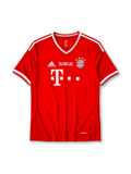 Bayern Munich 2013-14 home jersey, front view, red body with white V-neck collar and shoulder stripes, black adidas logo, Final Wembley 2013 commemorative text, FC Bayern Munchen crest with four stars, white T Deutsche Telekom sponsor logo