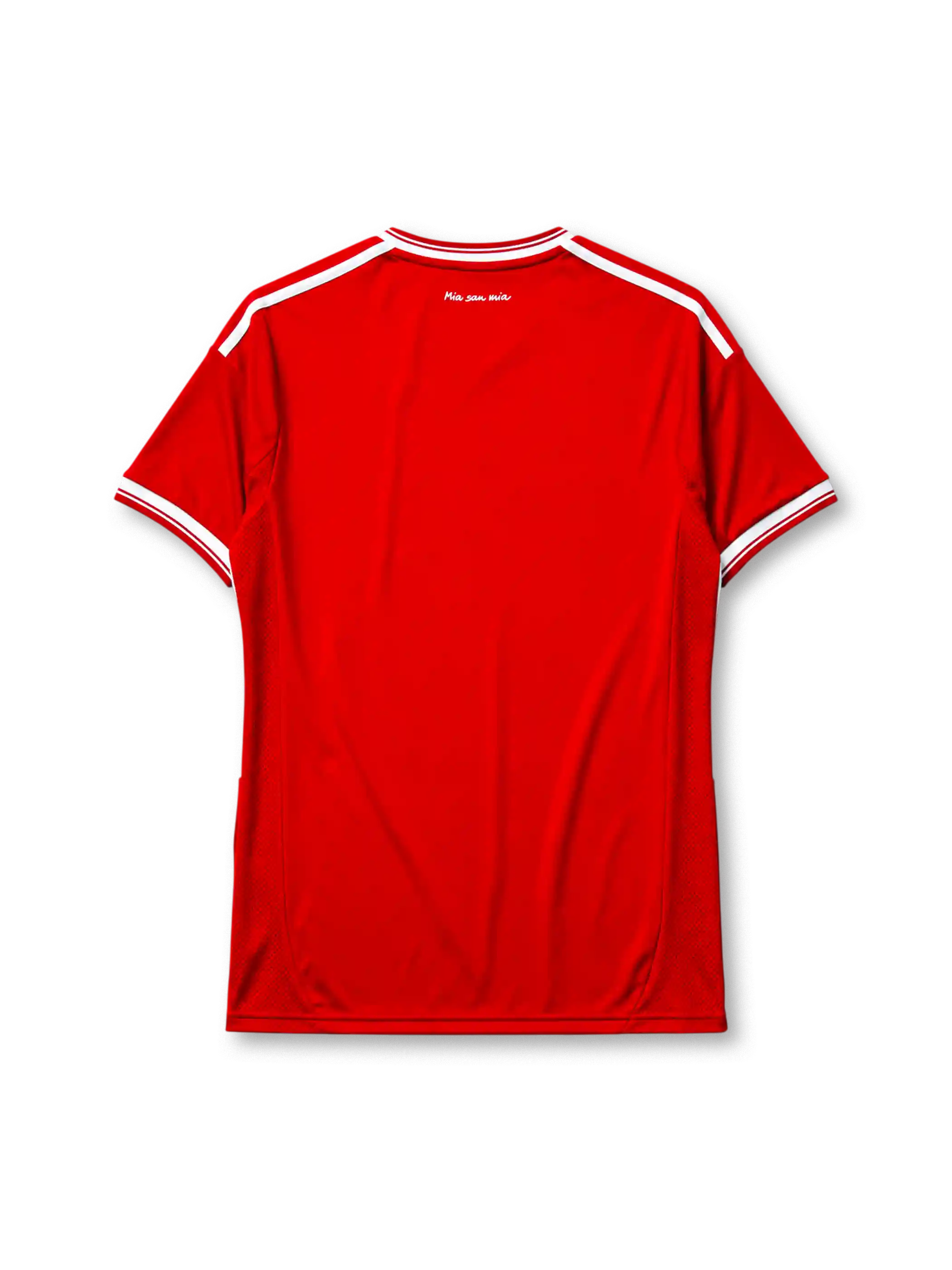 Bayern Munich 2013-14 home jersey, front view, red body with white V-neck collar and shoulder stripes, black adidas logo, Final Wembley 2013 commemorative text, FC Bayern Munchen crest with four stars, white T Deutsche Telekom sponsor logo