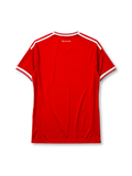 Bayern Munich 2013-14 home jersey, front view, red body with white V-neck collar and shoulder stripes, black adidas logo, Final Wembley 2013 commemorative text, FC Bayern Munchen crest with four stars, white T Deutsche Telekom sponsor logo