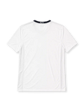 Manchester United 2008-09 away jersey, front view, white body with navy side panels, black V-neck collar with red inset and United text, black Nike swoosh, Manchester United crest, boxed AIG sponsor logo, NikeFIT wordmark near hem