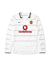Manchester United 2003-04 white third long-sleeve retro football jersey with Vodafone sponsor