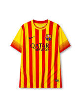 Barcelona 2013-14 away jersey, front view, bold yellow and red vertical stripes, crew-neck collar, striped cuffs, black Nike swoosh, Barcelona crest, black Qatar Airways sponsor logo